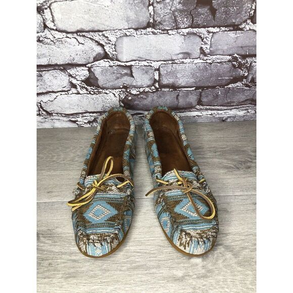 Minnetonka Blue Aztec Southwest Lace Bow Moccasins Shoes Women Sz 9M US/40EU - Picture 2 of 16
